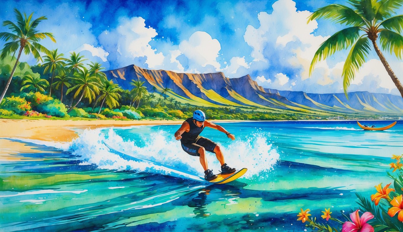 A tropical Hawaiian beach with a person wakeboarding on clear blue water, palm trees, mountains, and a canoe in the background.