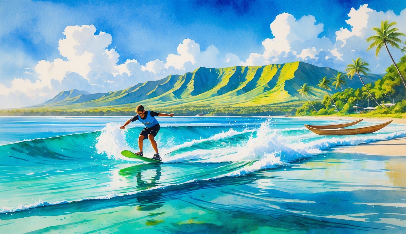 A person wakeboarding on clear blue water near a tropical Hawaiian shoreline with green hills, palm trees, and mountains in the background.