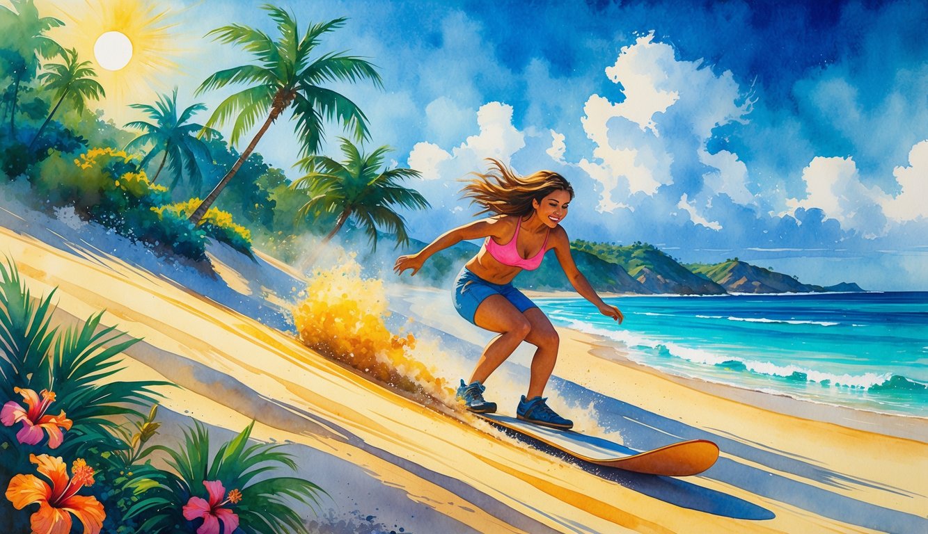 A person sandboarding down golden sand dunes near a tropical beach with palm trees and ocean waves in the background.