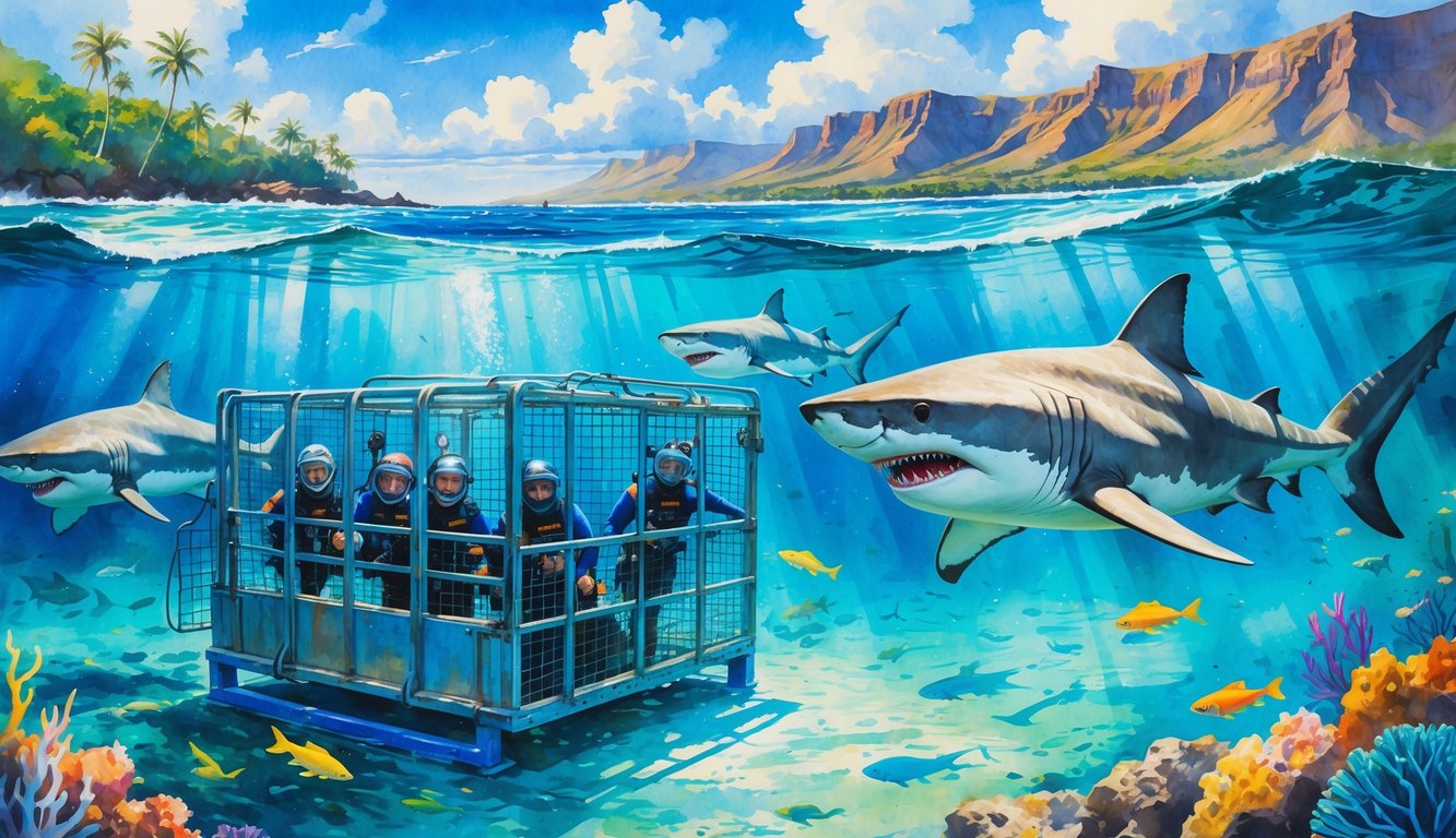 Divers inside a metal cage underwater surrounded by several sharks near a tropical coastline with palm trees and mountains.