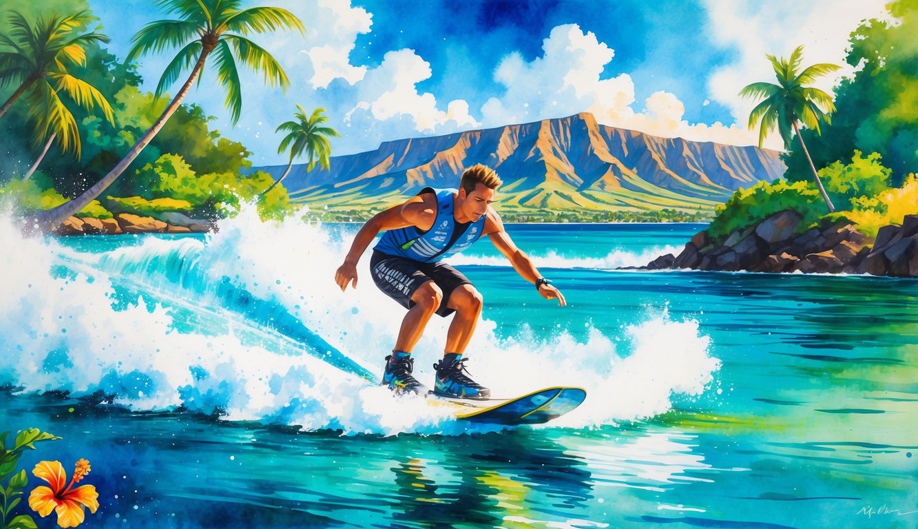 A wakeboarder riding on clear blue water near tropical palm trees and mountains under a bright sky.