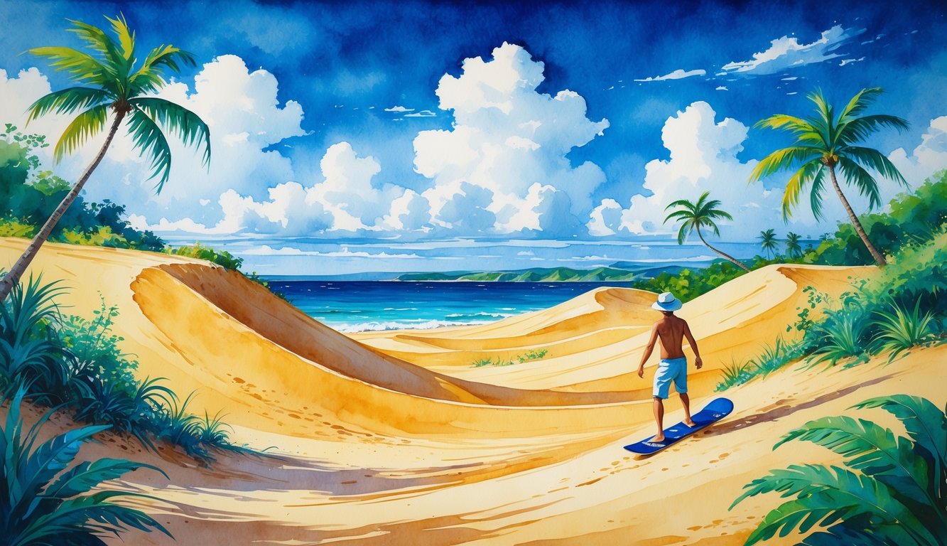 A person standing on golden sand dunes near tropical plants and palm trees, holding a sandboard with the ocean and islands in the background.