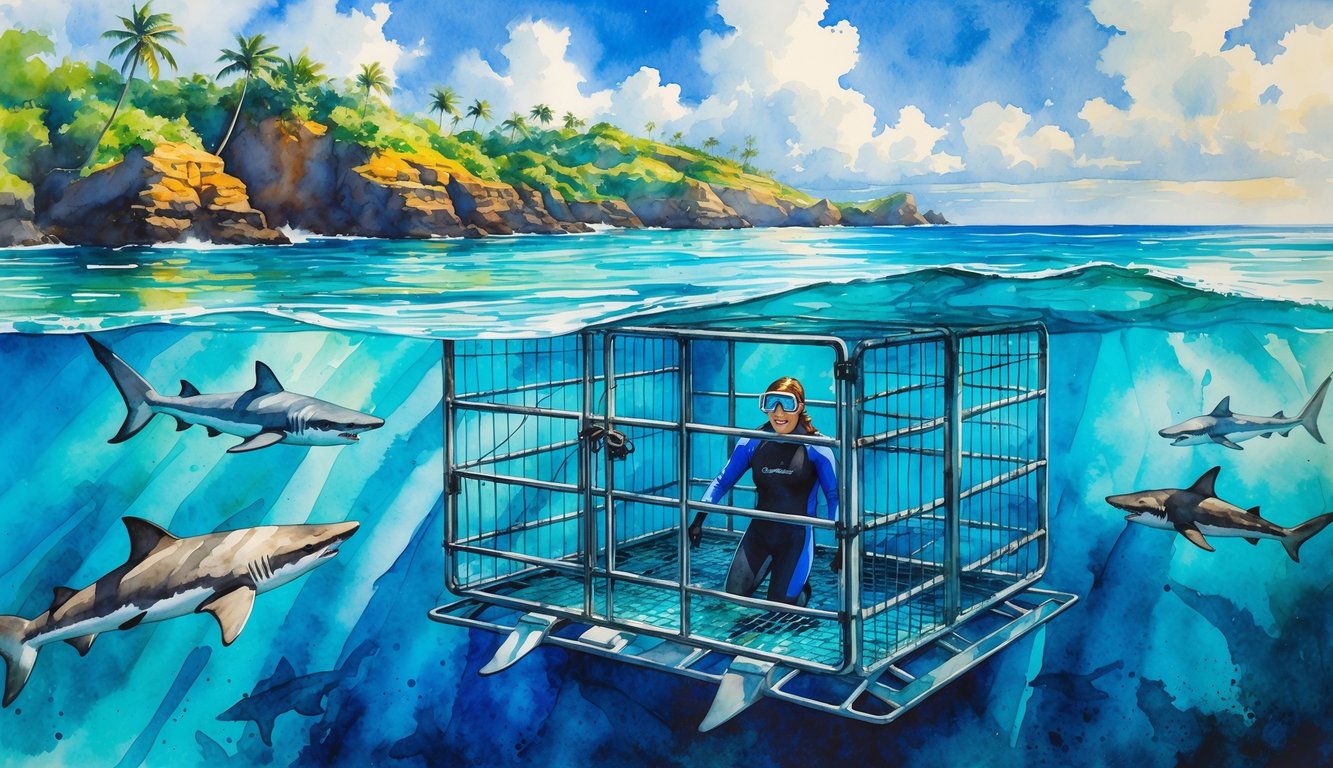 A person inside a shark cage underwater surrounded by sharks near a tropical Hawaiian coastline with palm trees and rocky shore.