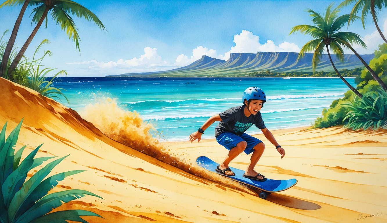 A person sandboarding down a golden sand dune near tropical plants and palm trees with ocean and mountains in the background.