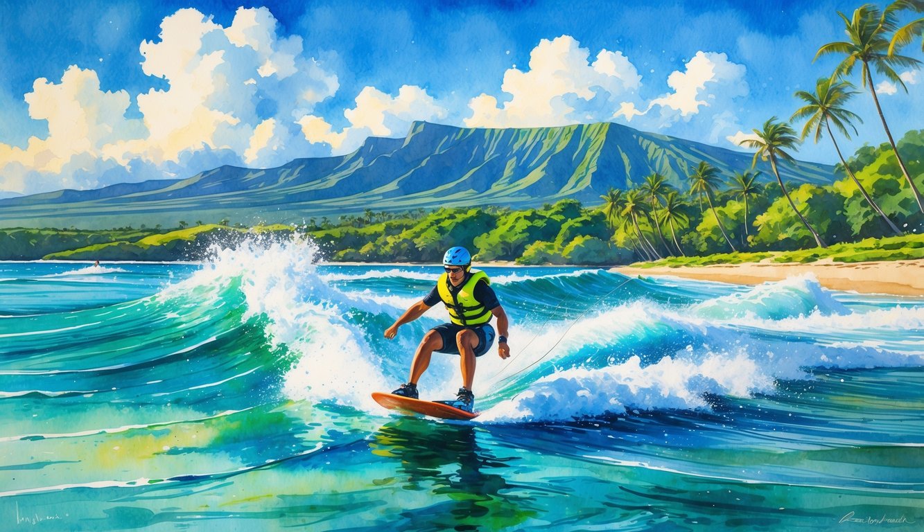 A person wearing safety gear wakeboarding on clear blue ocean water with tropical mountains and palm trees in the background.