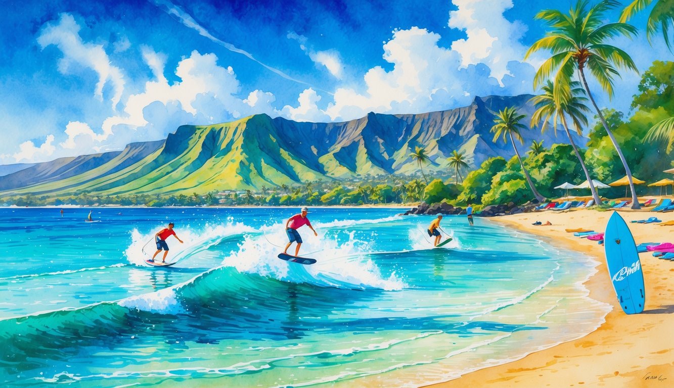 A Hawaiian beach with turquoise water, wakeboarders on the ocean, palm trees, and mountains in the background under a blue sky.