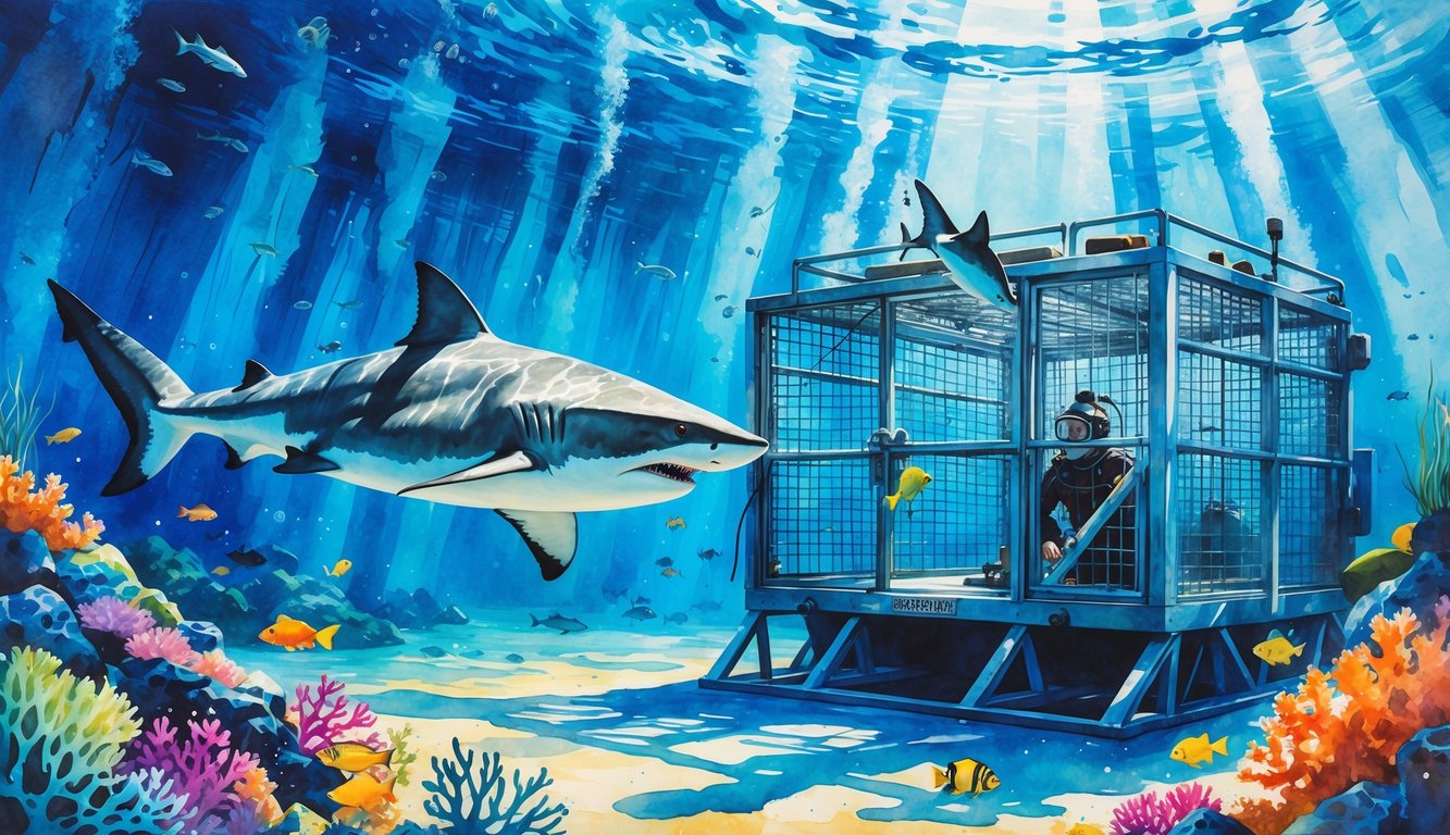 A diver inside a shark cage underwater surrounded by a large shark, colorful coral reefs, tropical fish, and a boat on the water surface.