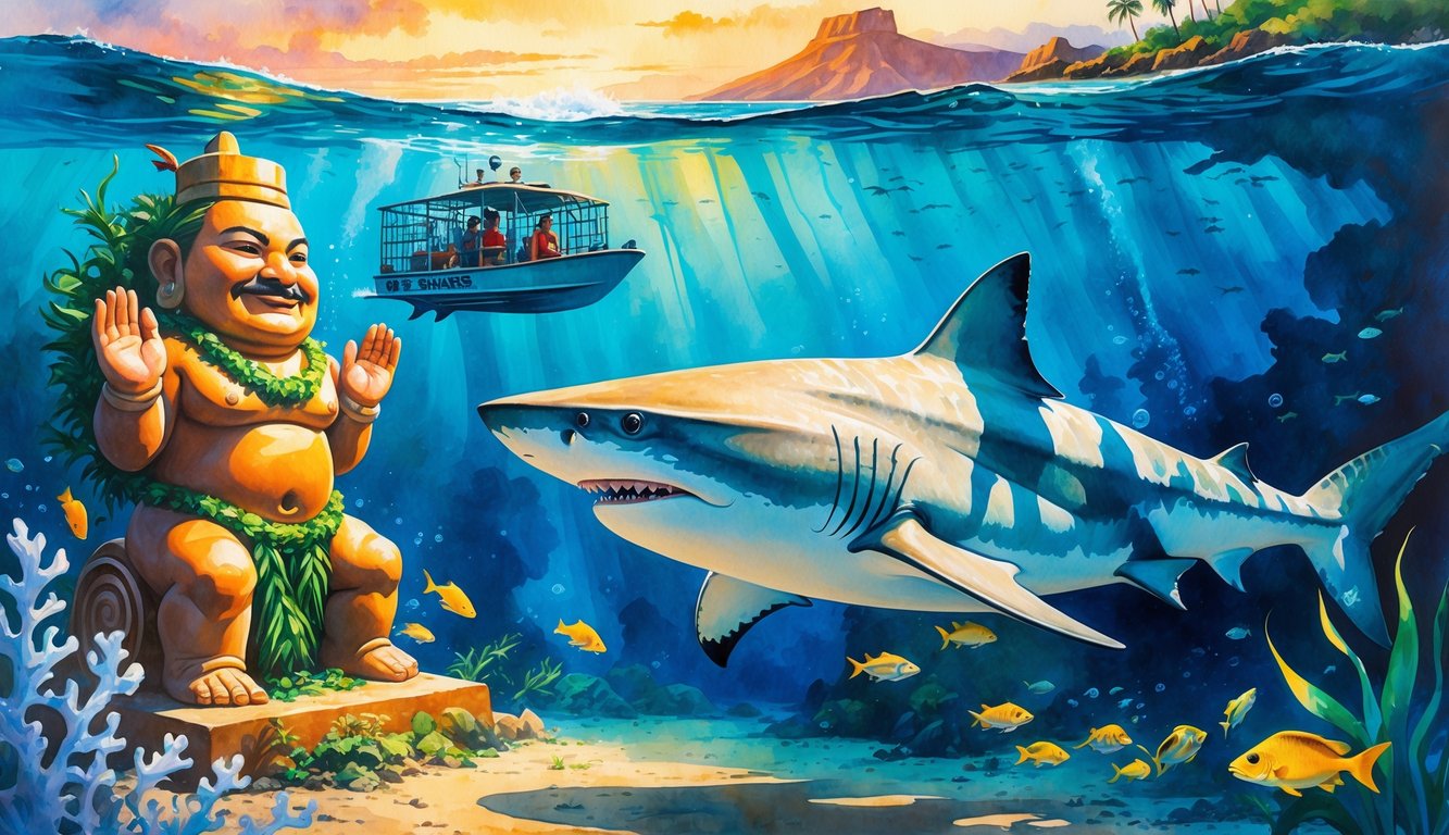 An underwater scene showing a shark swimming near a Hawaiian shark god statue, with a diver inside a cage in the water and a boat floating above, set against a sunset and distant islands.