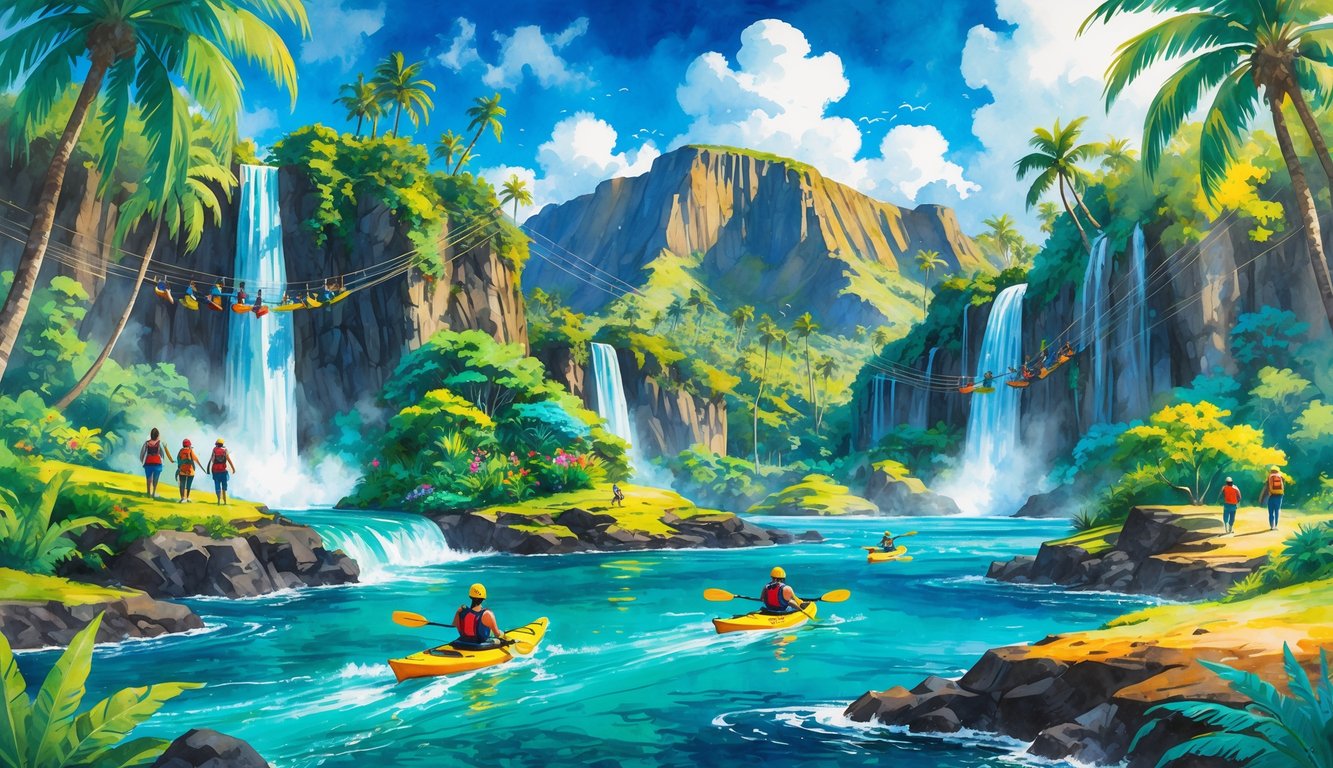 A tropical landscape with palm trees, waterfalls, mountains, people hiking, zip-lining, and kayaking near the ocean.