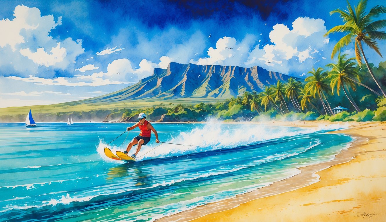A water skier glides across clear blue ocean near a sandy beach lined with palm trees and volcanic mountains in the background.
