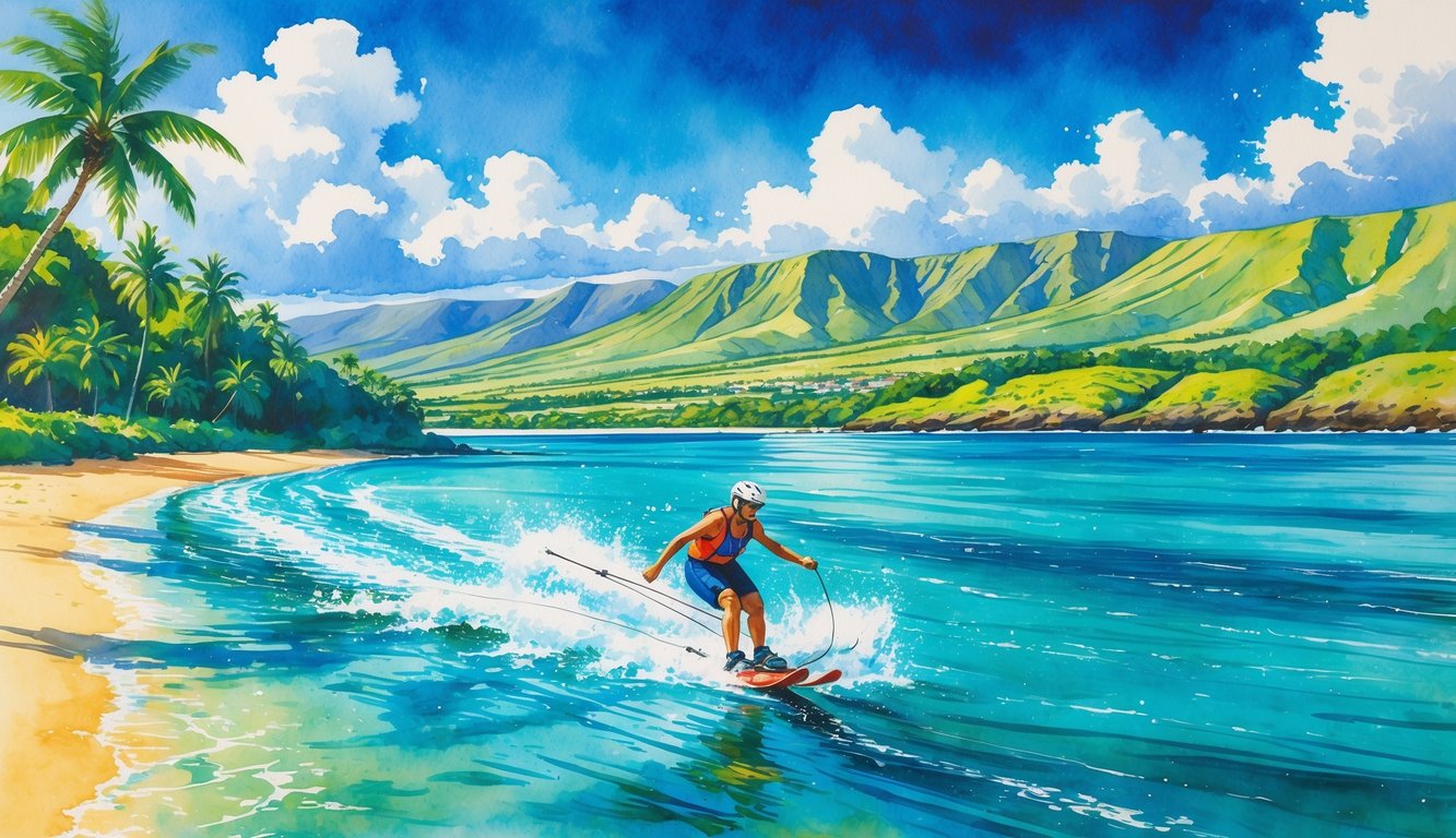A water skier glides across clear blue ocean water near a sandy beach with palm trees and mountains in the background under a sunny sky.
