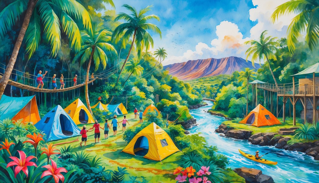 A lively scene of people enjoying outdoor activities in a tropical Hawaiian adventure park with trees, mountains, and a river.