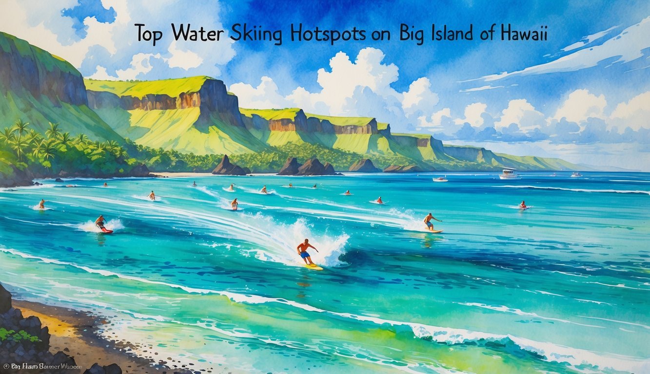 A tropical ocean scene with water skiers on clear blue water near a lush shoreline with volcanic cliffs and boats in the distance.