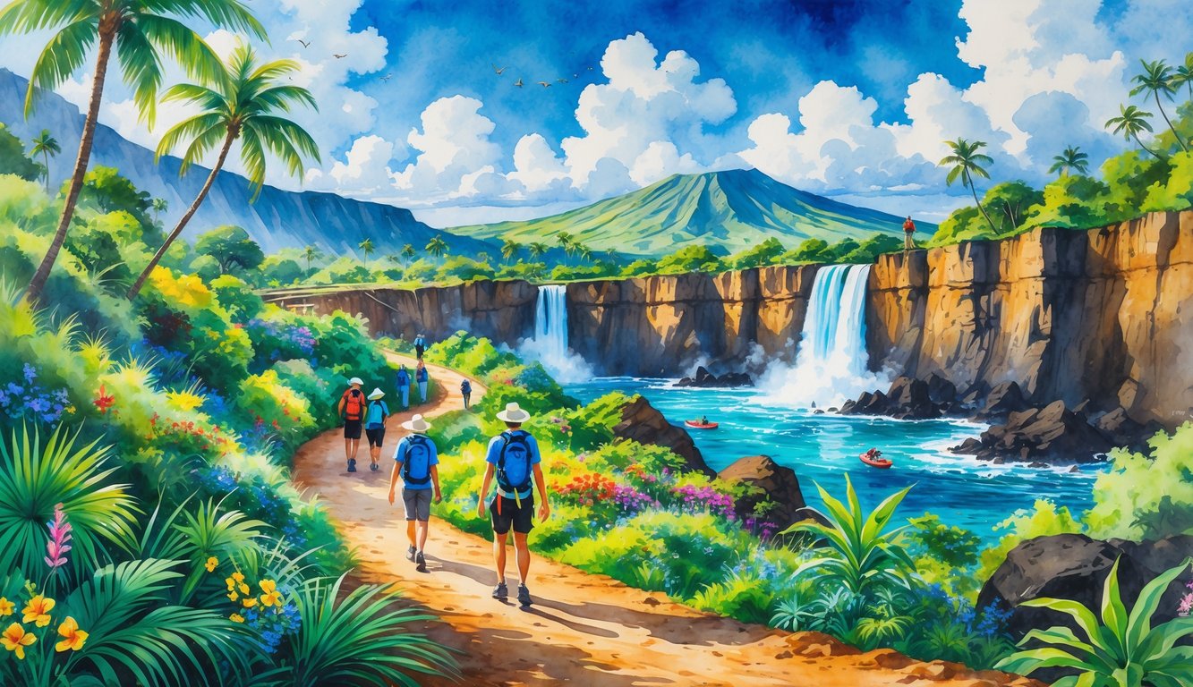 A scenic view of people hiking, zip-lining, and exploring waterfalls in a tropical Hawaiian adventure park with mountains and ocean in the background.