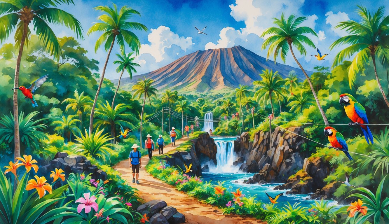 A lively Hawaiian adventure park with people hiking, zip-lining, tropical plants, waterfalls, and mountains in the background.