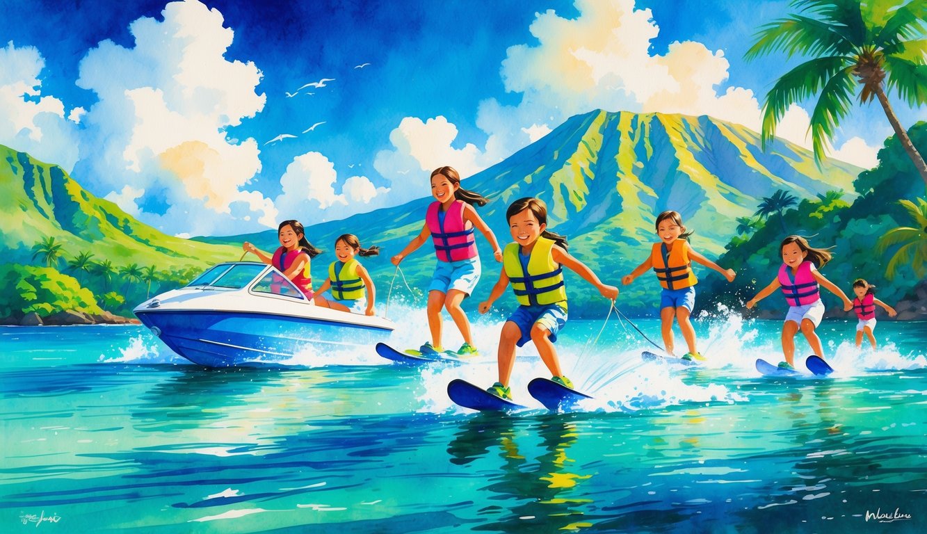 A family water skiing on clear blue ocean water near tropical palm trees and mountains in Hawaii on a sunny day.