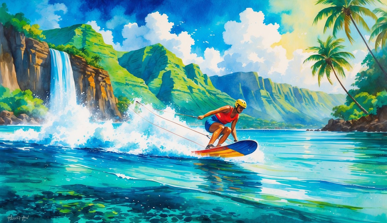 A water skier glides across clear blue waters near tropical mountains and palm trees under a sunny sky.