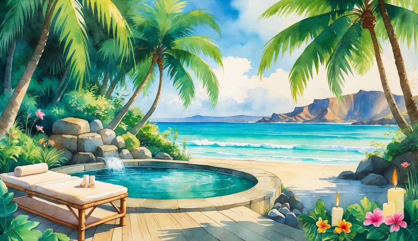 A peaceful tropical spa with palm trees, a hot spring pool, a massage table, and ocean waves in the background.