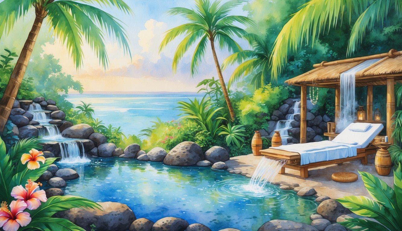 A peaceful outdoor Hawaiian spa surrounded by tropical plants, flowers, a small waterfall, and a massage table near a clear pool with a distant ocean view.