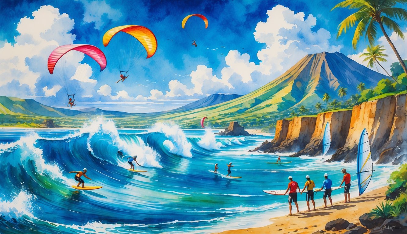 A coastal scene showing surfers riding large waves, paragliders in the sky, a mountain biker jumping on a rocky trail, and windsurfers preparing by the shore with palm trees and mountains in the background.