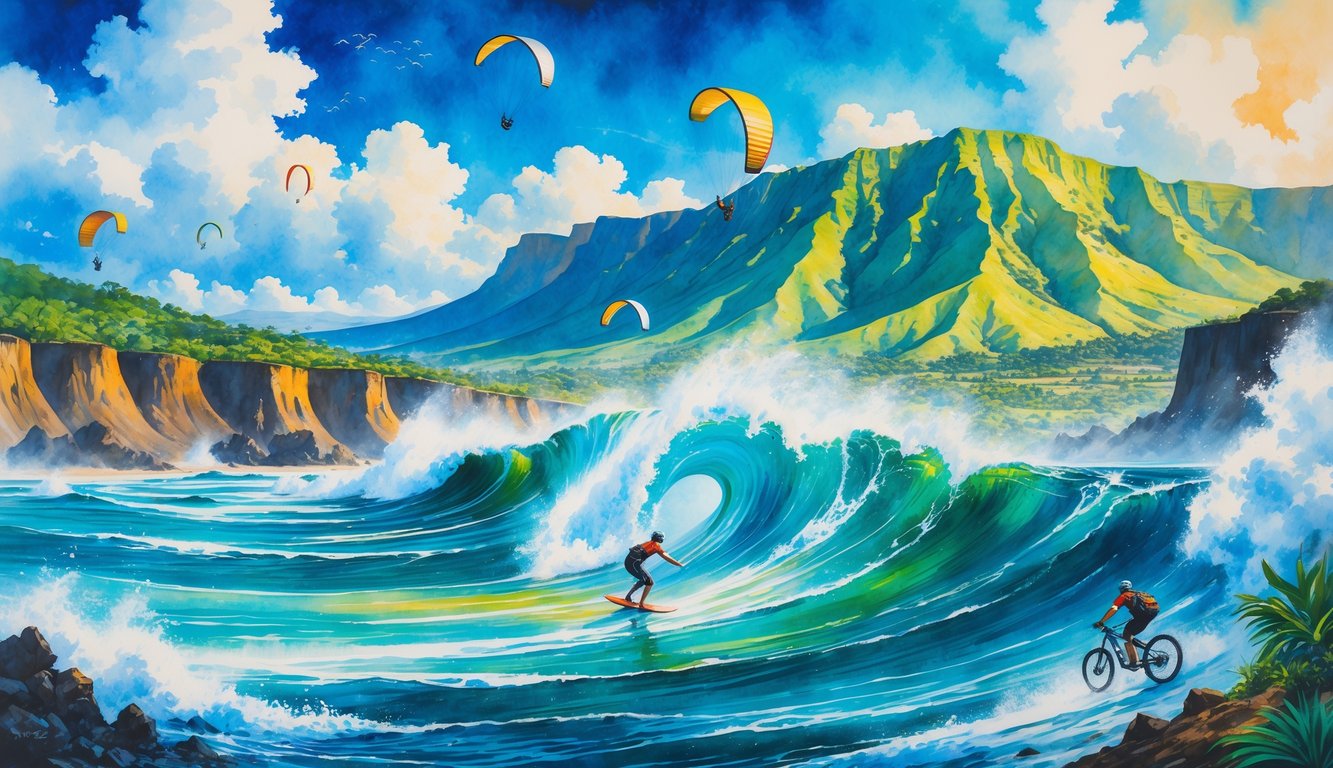A coastal scene with a surfer riding a large wave, paragliders flying above cliffs, and a mountain biker on a trail near green mountains.