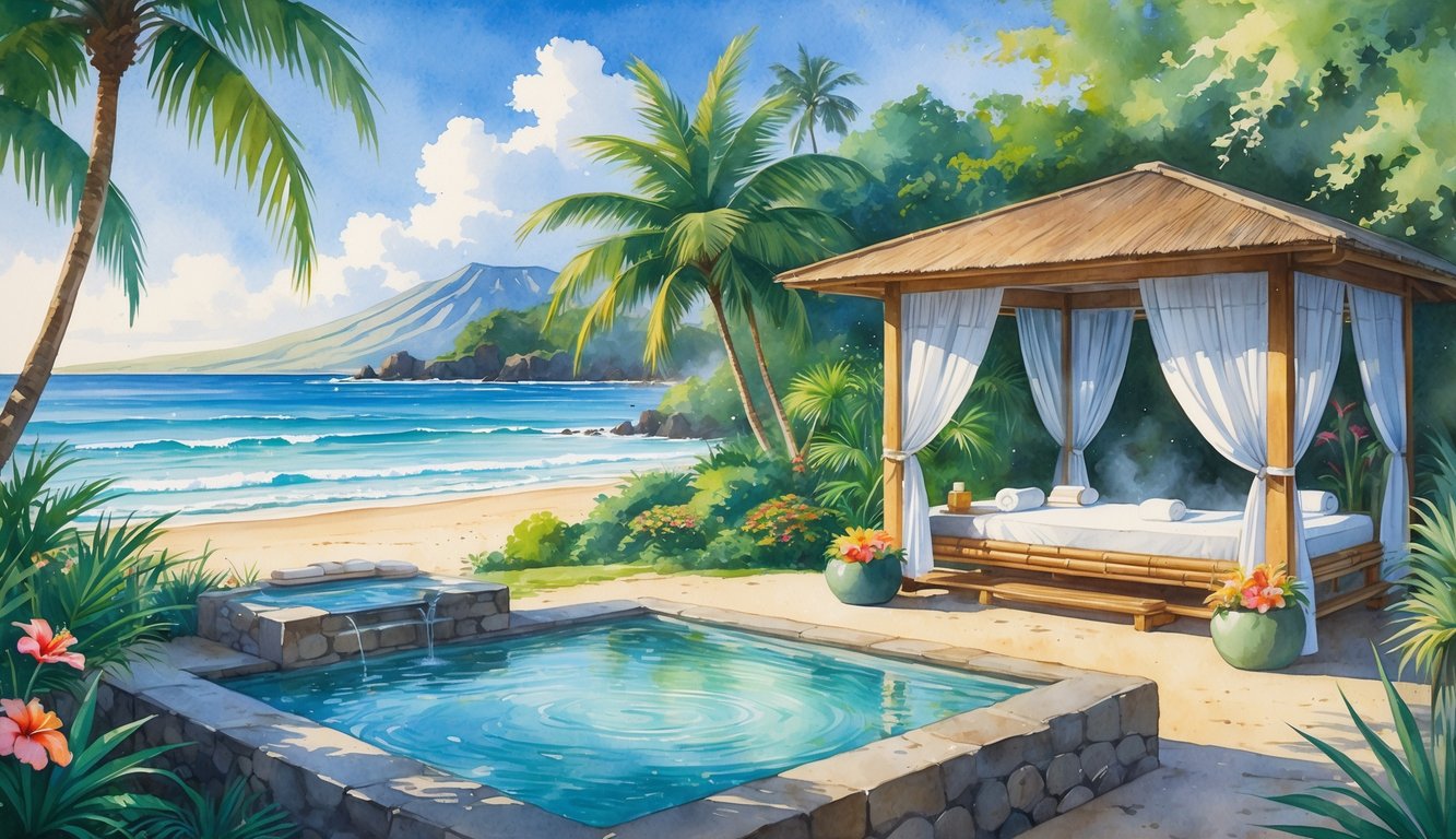 A peaceful outdoor spa surrounded by tropical plants, a steaming stone pool, a wooden cabana, and a distant ocean view with mountains.