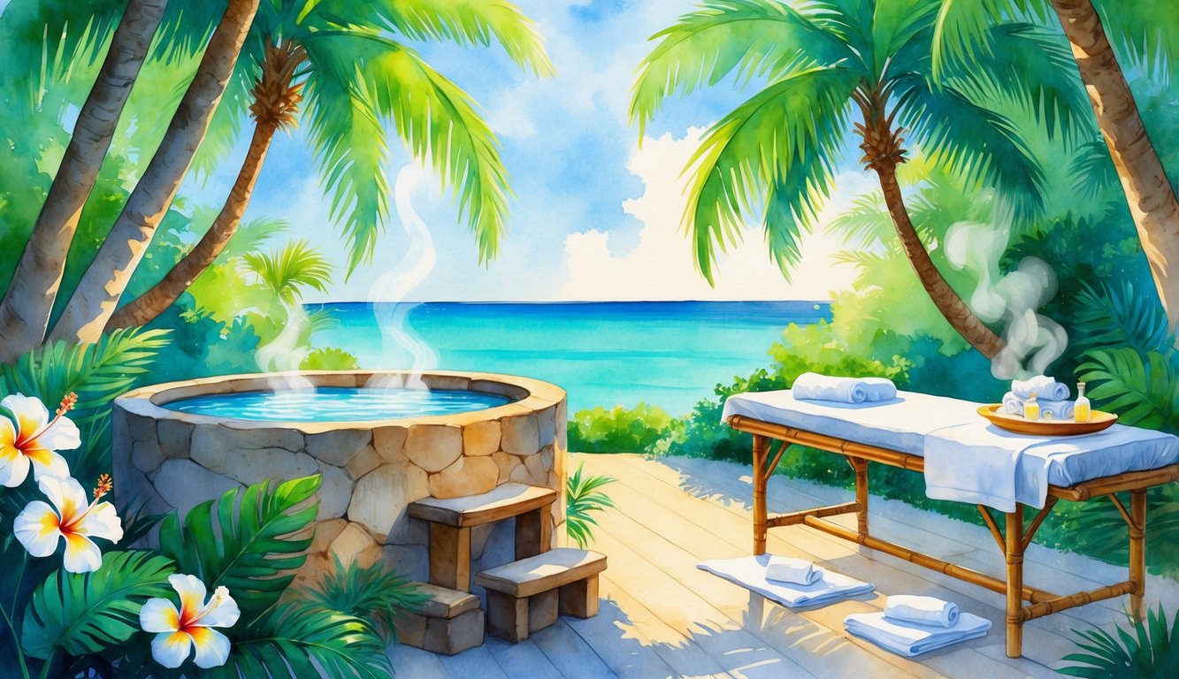 A peaceful outdoor spa area in a tropical garden with a stone hot tub, massage table, palm trees, colorful flowers, and an ocean view in the background.