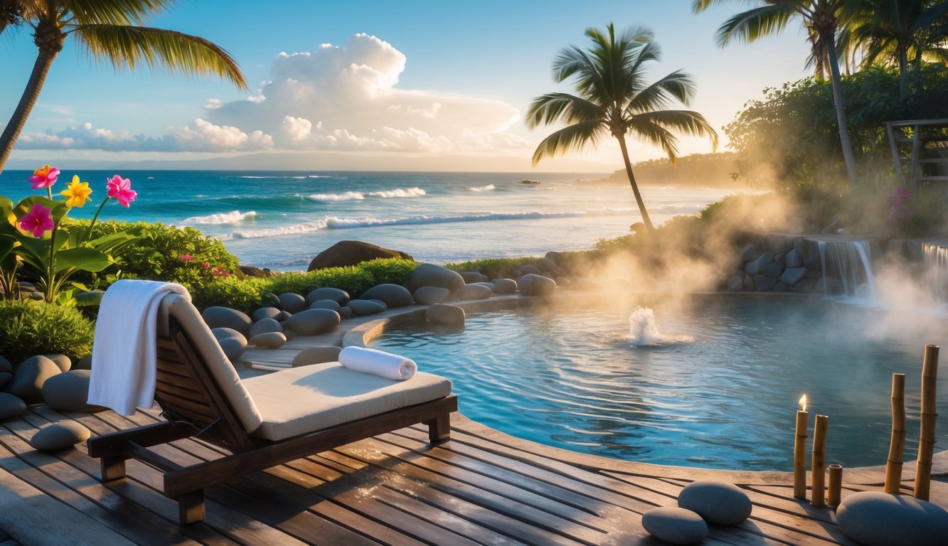 A peaceful tropical spa setting with a lounge chair, bamboo water fountains, a natural hot spring pool, palm trees, tropical flowers, and an ocean view under a clear sky.