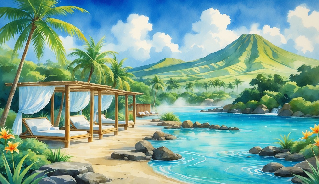 A tranquil tropical spa on a Hawaiian island with lounge chairs, palm trees, hot spring pools, and ocean views under a clear sky.