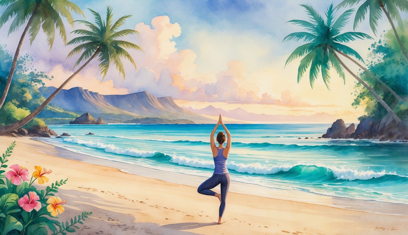 A person practicing yoga on a sandy beach with palm trees, ocean waves, and distant mountains in the background.