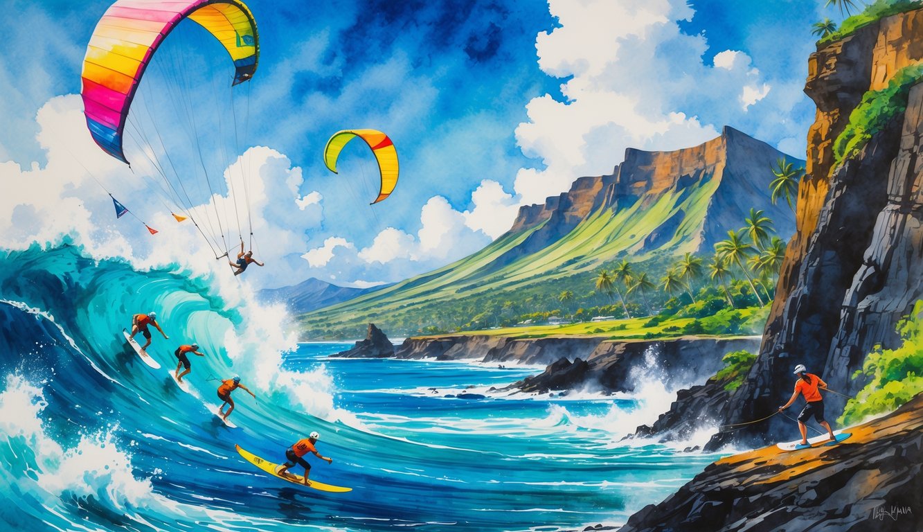Athletes participating in various extreme sports like kite surfing, mountain biking, and rock climbing along a tropical Hawaiian coastline with ocean waves, palm trees, and volcanic mountains.