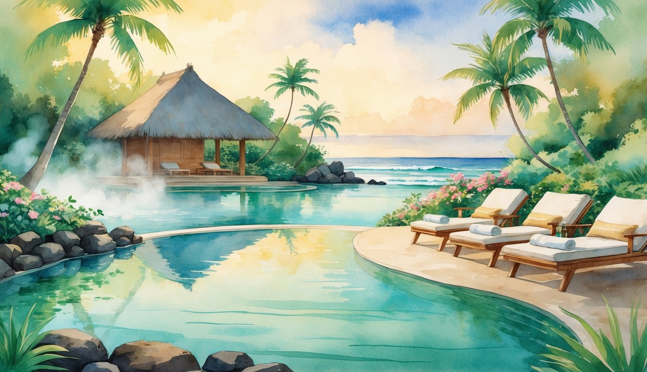 A peaceful Hawaiian spa scene with a calm infinity pool, palm trees, a thatched-roof hut, and tropical plants near the ocean at sunrise.