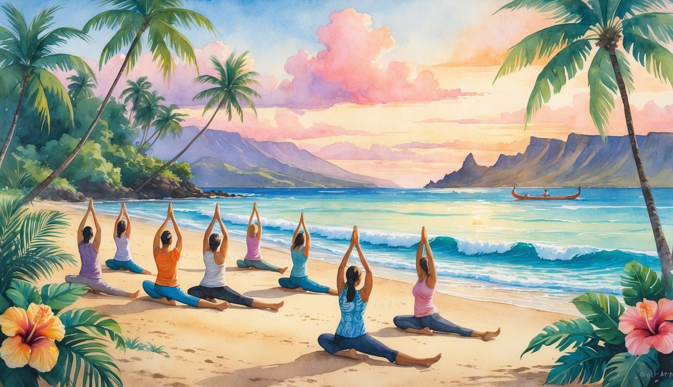 People practicing yoga on a Hawaiian beach with palm trees, tropical plants, and calm ocean waves at sunrise.