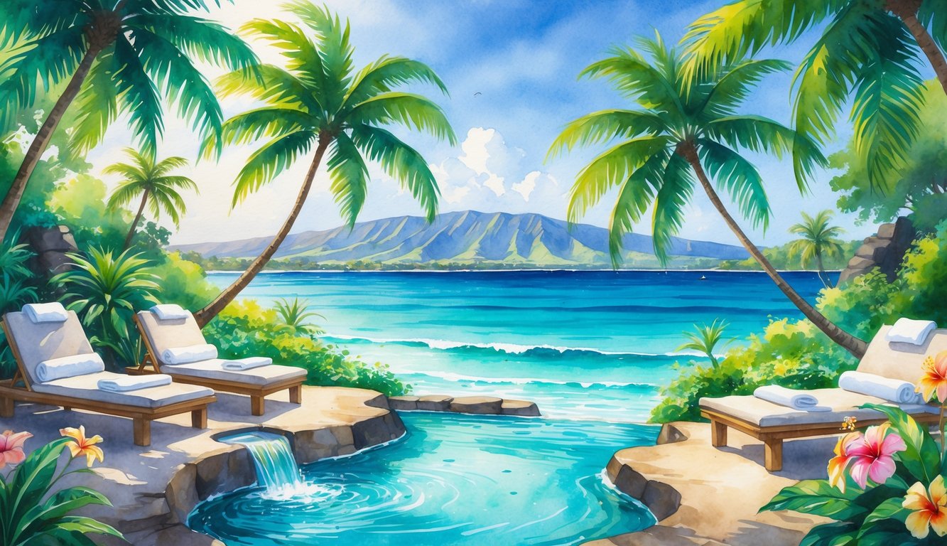 A tropical Hawaiian retreat with palm trees, a calm ocean, a spa area with lounge chairs, flowers, a waterfall, and distant mountains under a clear sky.
