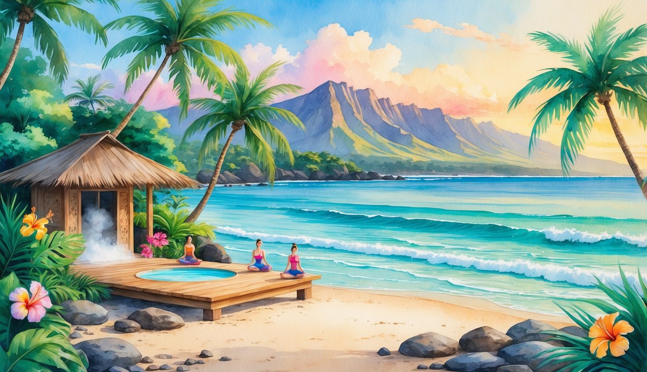 A tropical beach with palm trees, colorful flowers, calm ocean waves, mountains in the background, and a yoga platform near the shore.