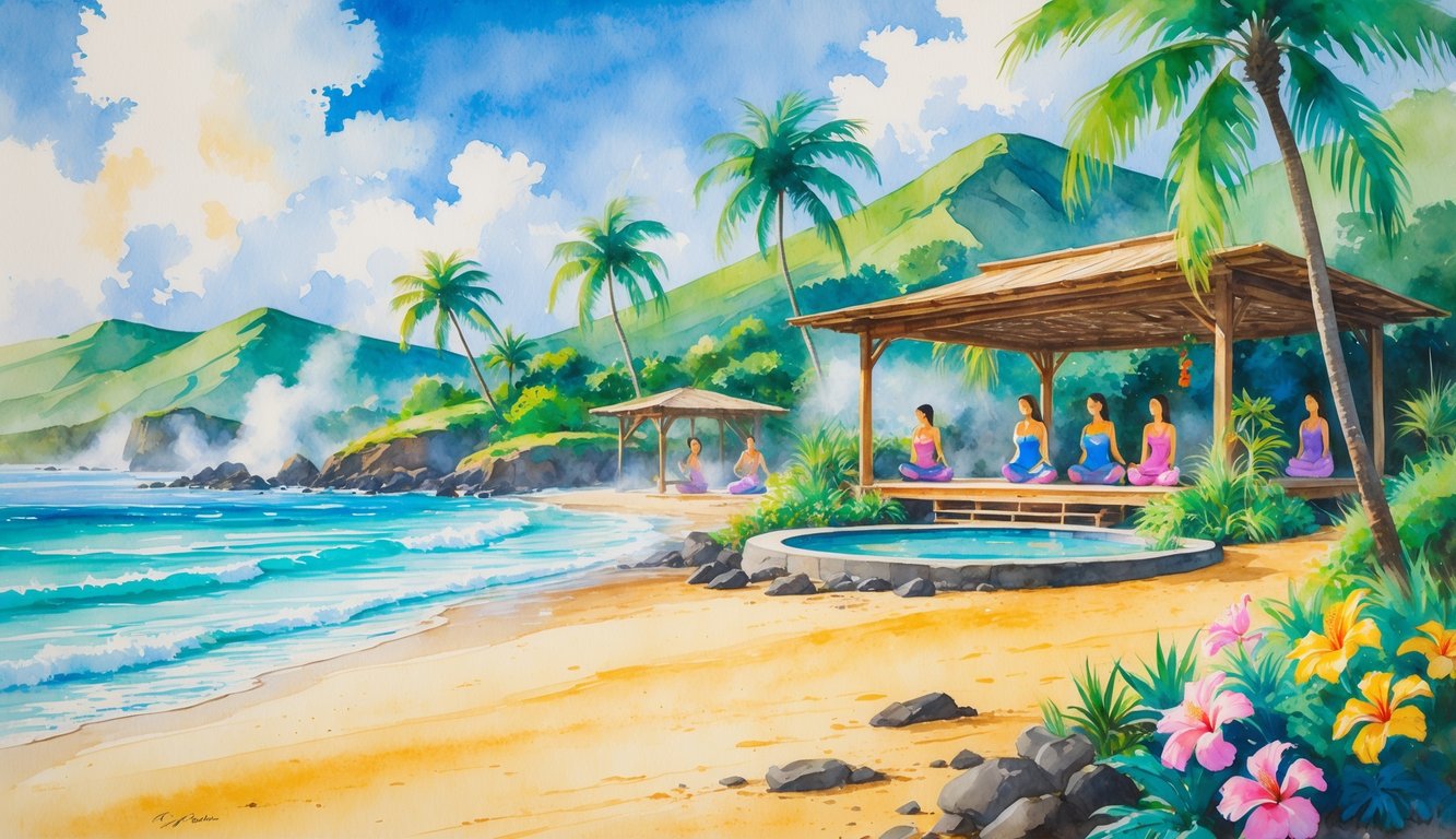 A peaceful Hawaiian beach with palm trees, people doing yoga near a wooden pavilion, a natural hot spring surrounded by tropical plants, and mountains in the background.