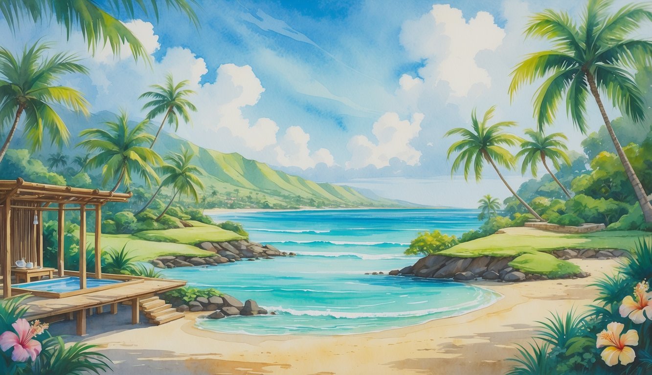 A peaceful tropical island scene with palm trees, flowers, a spa area, a sandy beach, and calm ocean water under a clear sky.