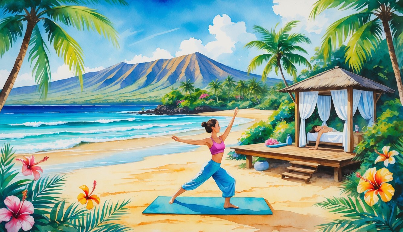 A peaceful beach scene with a person doing yoga on a wooden deck surrounded by palm trees and tropical flowers, with mountains and ocean in the background.