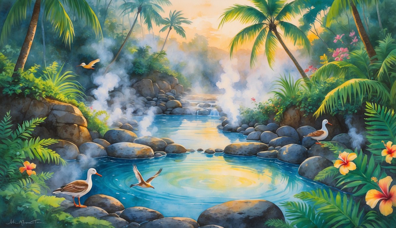 A peaceful Hawaiian hot spring surrounded by tropical plants, volcanic rocks, and native birds in a lush forest.