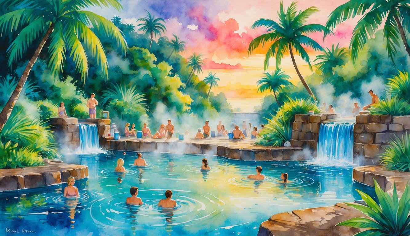 People relaxing and enjoying natural hot spring pools surrounded by tropical trees and a small waterfall in a peaceful outdoor setting.