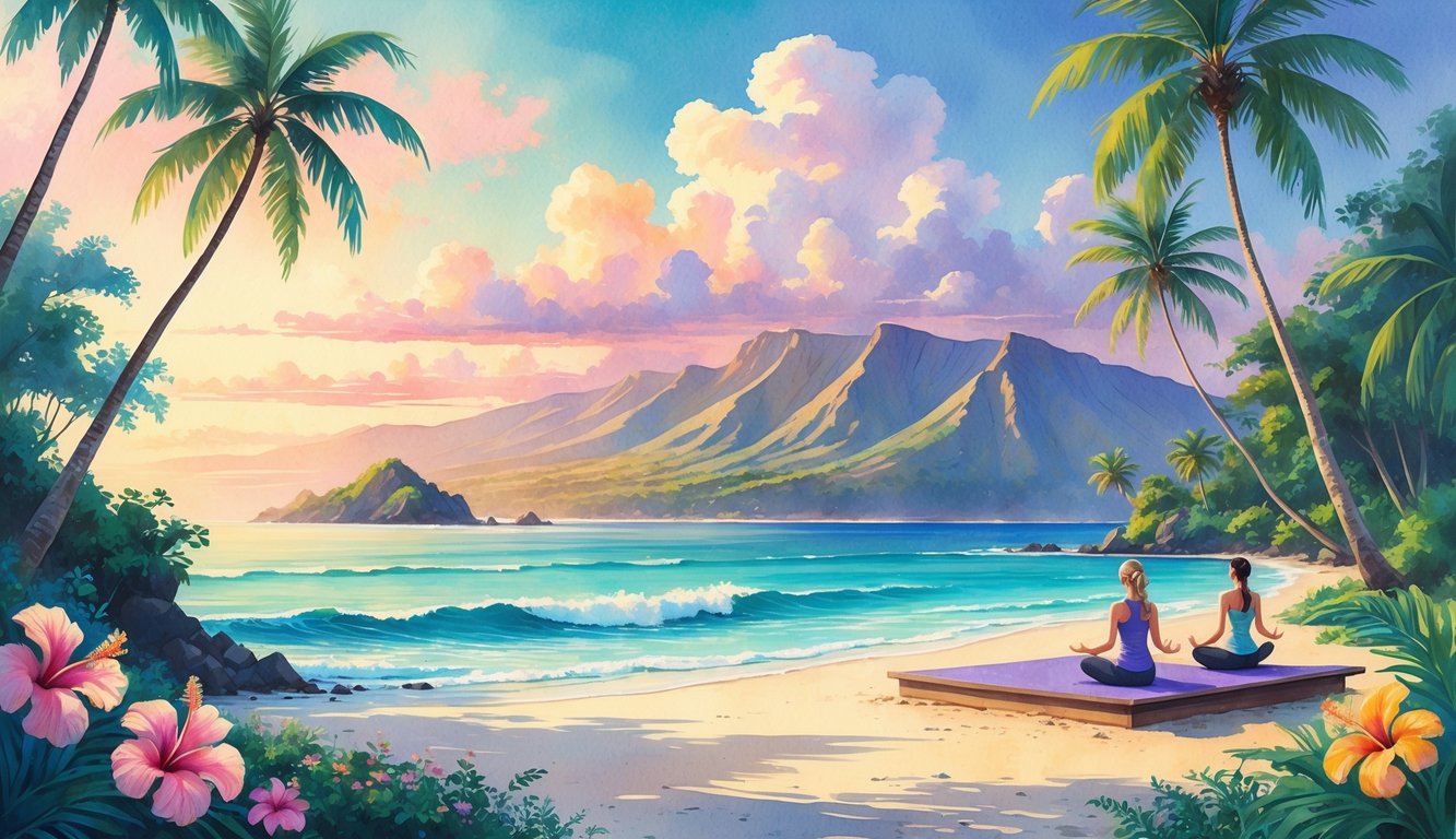 A peaceful tropical scene with people practicing yoga on a platform by the ocean, surrounded by palm trees, flowers, and mountains in the background.