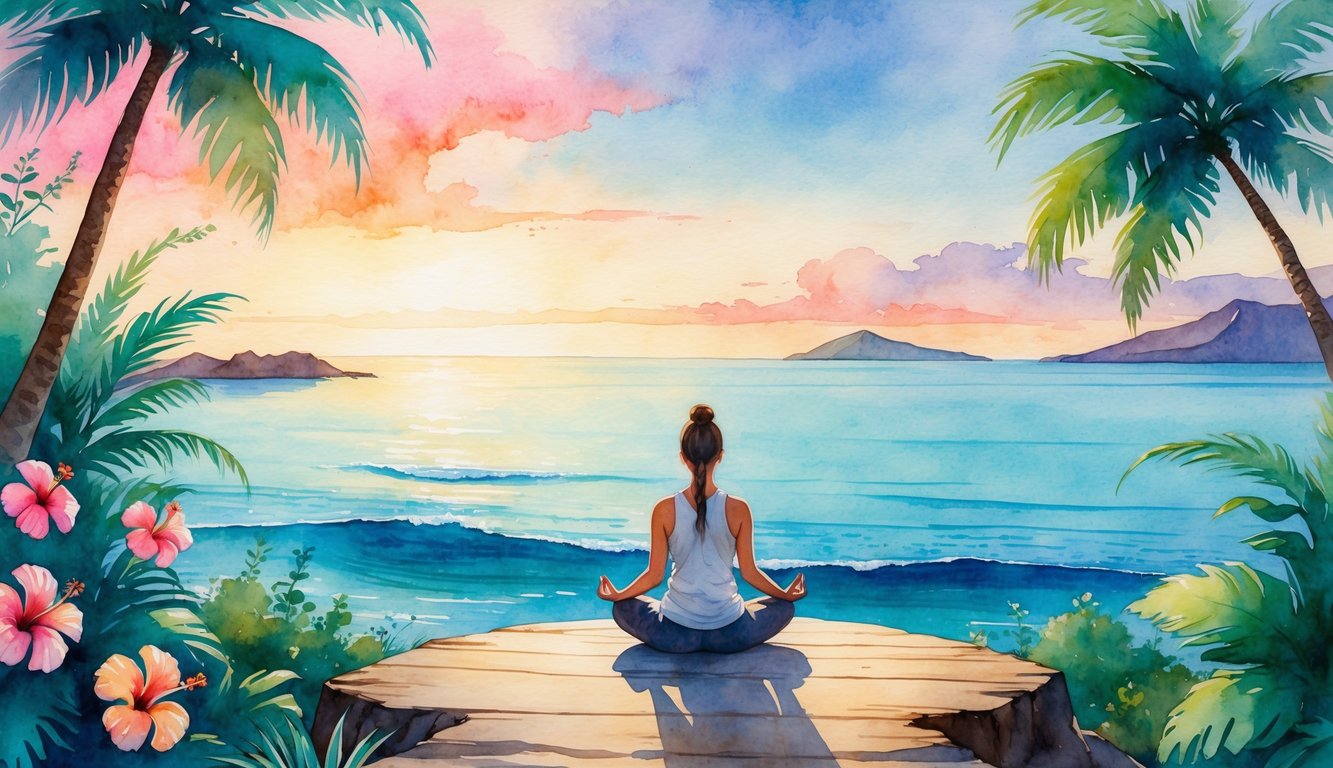 A person meditating by the ocean with tropical plants and distant islands visible under a colorful sky.