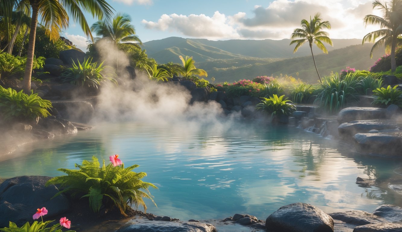 A peaceful natural hot spring surrounded by tropical plants and volcanic rocks with steam rising from the water and hills in the background.