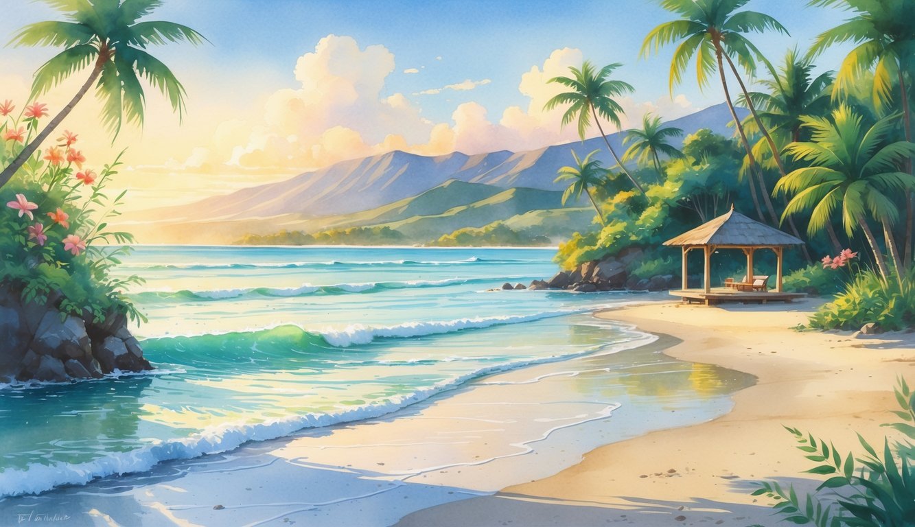A peaceful tropical beach with palm trees, vibrant flowers, gentle waves, and distant mountains under a soft sunrise or sunset sky.