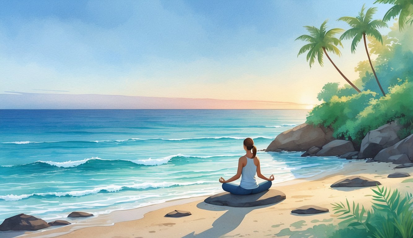 A person meditating on a rock by the ocean shore with palm trees and gentle waves under a soft sunrise sky.
