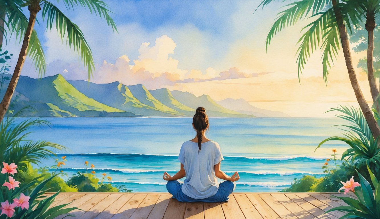 A person meditating on a wooden deck surrounded by tropical plants, facing the calm ocean with mountains in the background.
