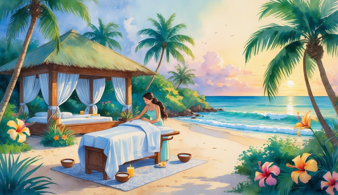 A peaceful beachside massage setup with palm trees, tropical flowers, and gentle ocean waves at sunset.