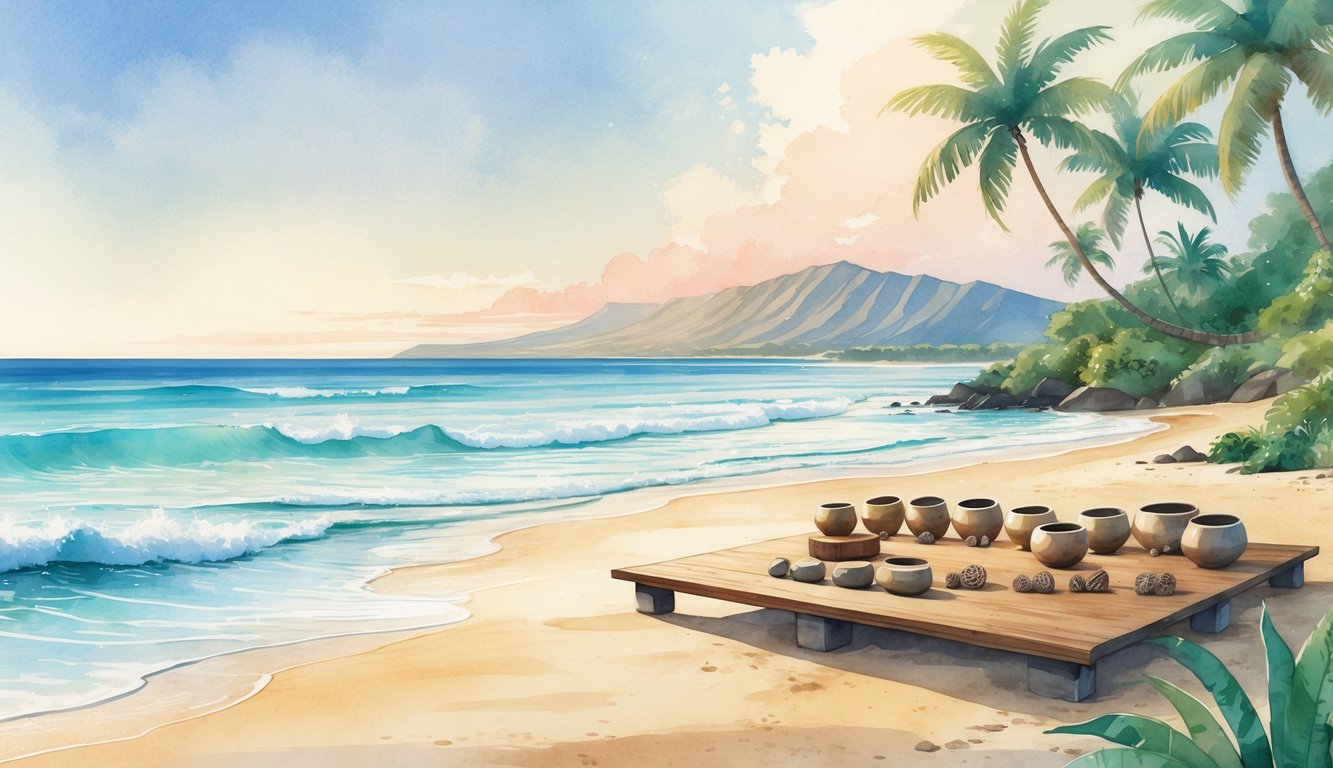 A peaceful Hawaiian beach with tropical plants, musical instruments on a wooden platform, gentle ocean waves, and distant volcanic mountains under a clear sky.