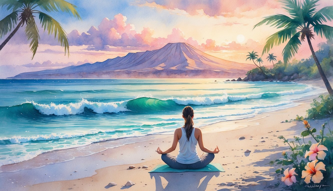 A person meditating on a Hawaiian beach at sunrise with ocean waves, palm trees, and distant mountains.