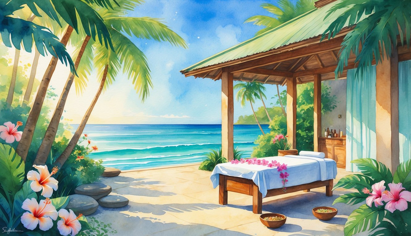 A peaceful spa pavilion surrounded by tropical plants and flowers near the ocean with a massage table set up for relaxation.